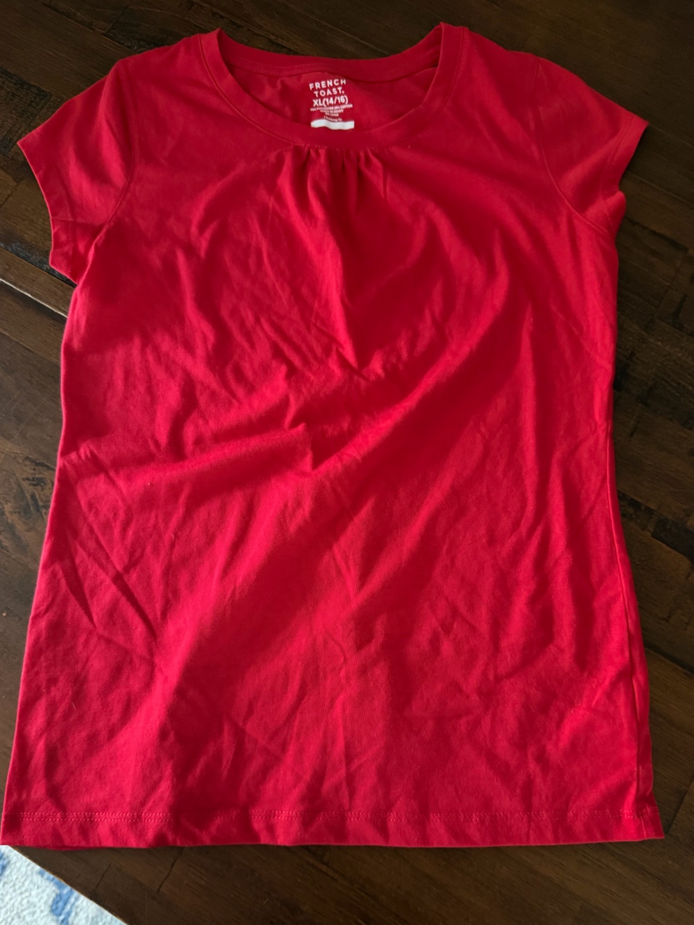 French Toast Red Short Sleeve Girls Tee with Front Gather